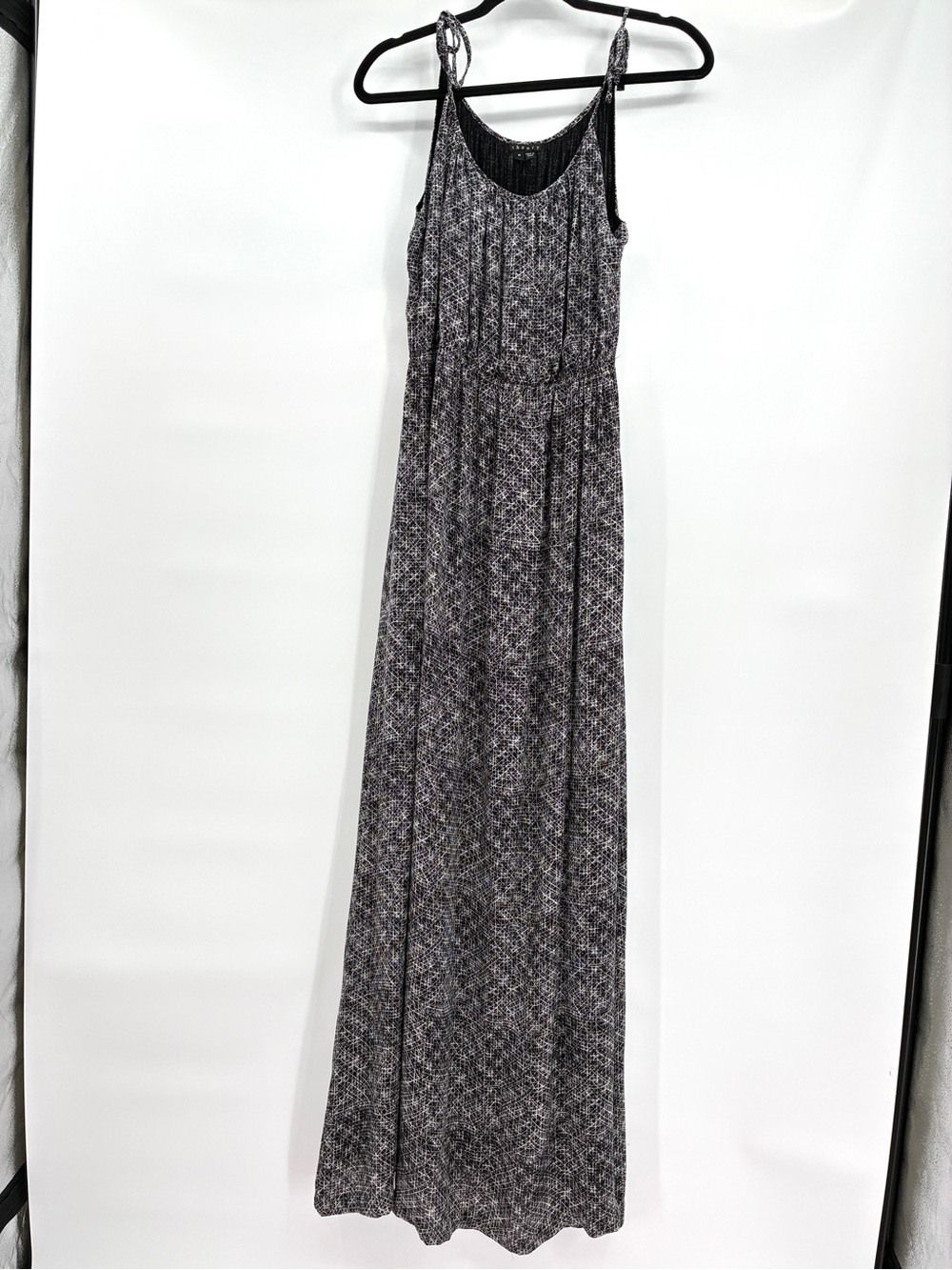 Woven Print Black Maxi Dress with Spaghetti Straps